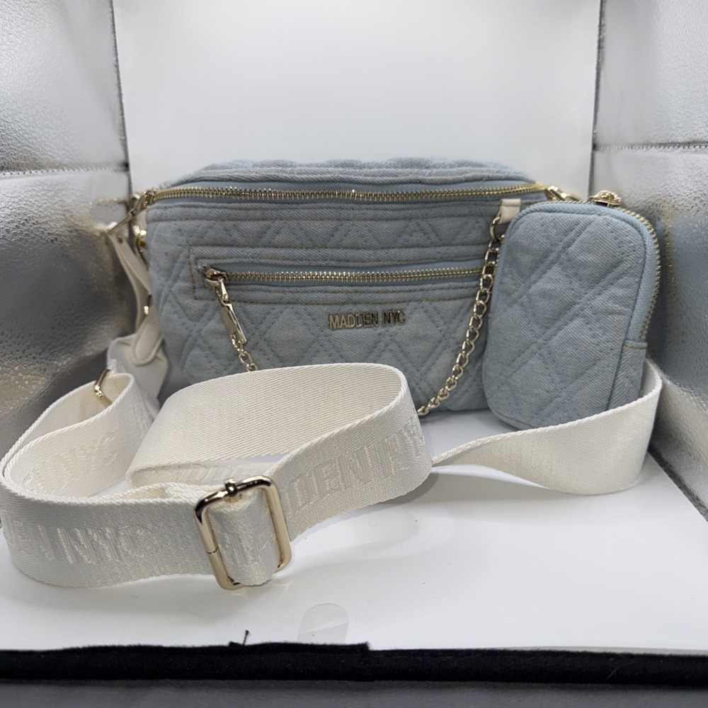 Madden NYC Women's Denim Chain Pocket‎ Fanny Pack Crossbody with Pouch